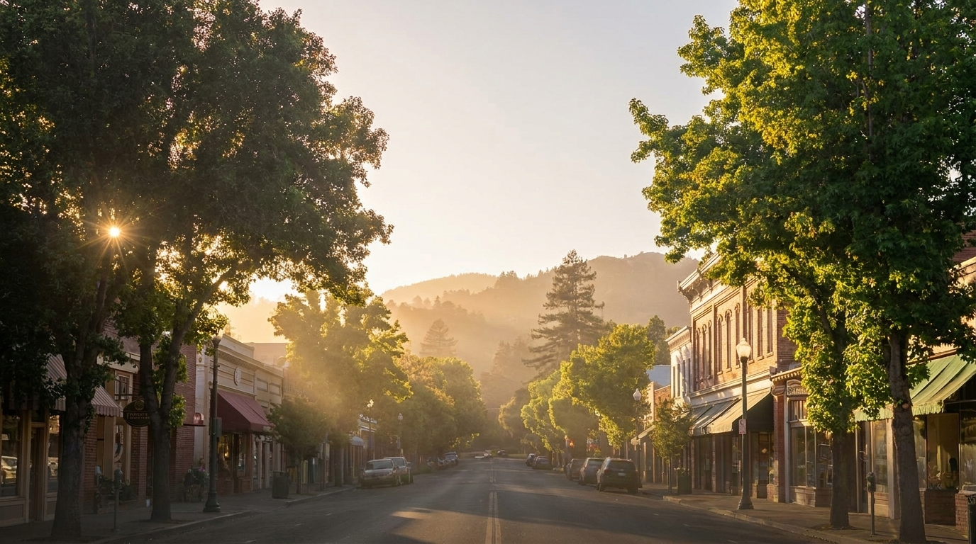 San Anselmo Avenue tree-lined historic storefronts.